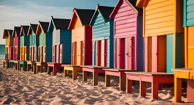 Colorful huts on a beach.