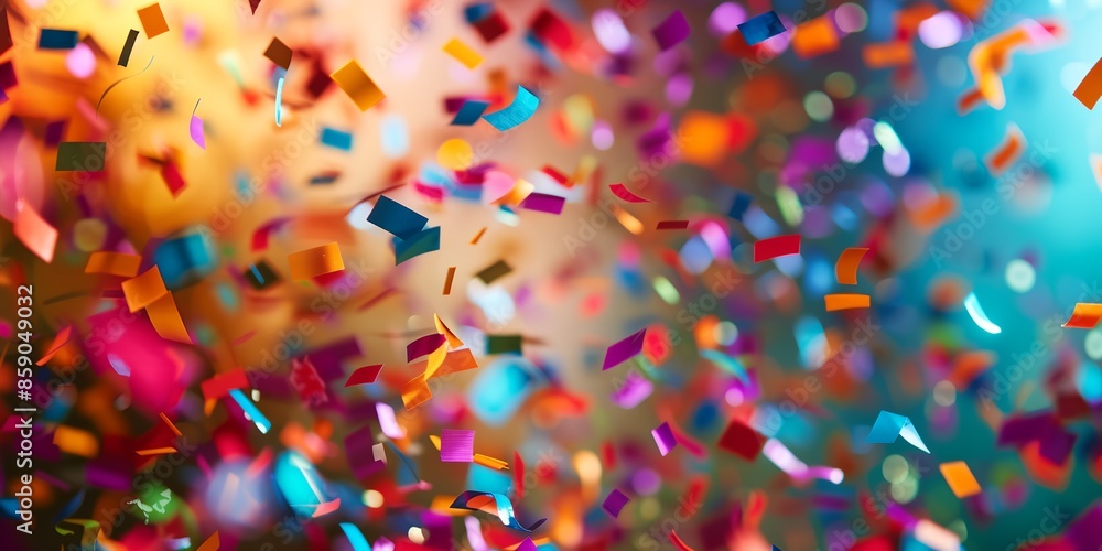 Poster a colorful explosion of confetti is falling from the sky. the confetti is in various colors and shap