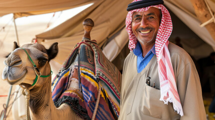 Obraz premium A smiling man in traditional attire stands beside his camel, with colorful decorations on its back, outside a pitched tent.