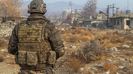 Obraz premium A lone soldier in gear stands in urban ruins, a wars aftermath