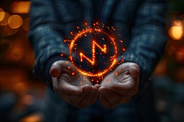 Man holds up an arrow icon and percentage with graph indicators for investment growth, glowing effect