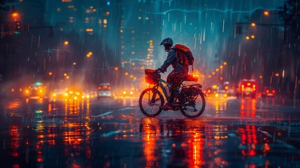 a courier on a bicycle with a backpack on his shoulders and wearing a helmet rides through the evening city on the street in bad weather or rain