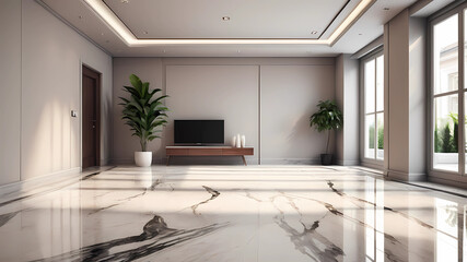 Fototapeta premium Generate a highly realistic image of a completely empty room, in a modern style, showcasing a modern design, only carpet and marble floor, and ceiling lamp. There should only be a coffee table, only o