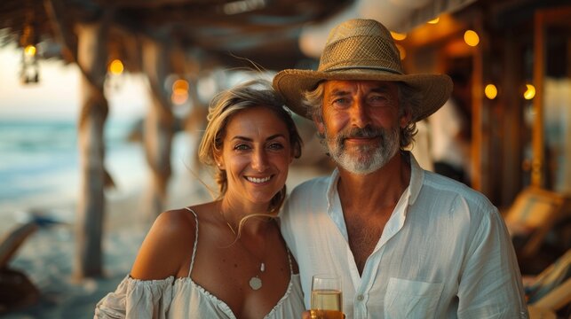 portrait of a beautiful smiling Caucasian mature couple man and woman with glasses of sparkling wine on vacation against the backdrop of the beach and sea. romantic getaway in retirement - Powered by Adobe