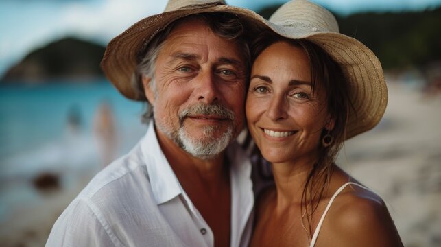 portrait of a beautiful smiling Caucasian couple of a mature man and woman on vacation against the backdrop of the beach and sea - Powered by Adobe