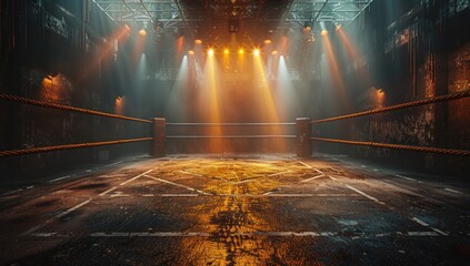 Spectacular view of an empty professional boxing ring in a spacious arena with dazzling spotlights