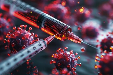 Pink cells and viruses are targeted by a medical syringe as it administers a vaccine to fight infection