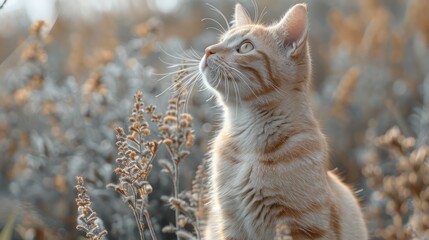 A ginger cat sits amongst fall foliage, staring intently at something out of frame