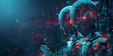 Futuristic AI chatbots collaborating on computers glowing screens sci-fi aesthetics high detail banner with copy space