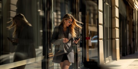 A woman walks hurrying down the street past shop windows