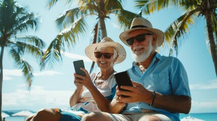 smiling couple of caucasian pensioners lie on the beach on the seashore near the palm tree and use phones, pensioners on vacation with smartphones on the beach