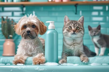 Feline and canine grooming essentials: Two shampoo bottles with pet portraits