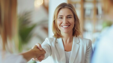 Fototapeta premium Caucasian smiling middle aged businesswoman shaking hands with business partner, shaking hands to conclude deal while in office