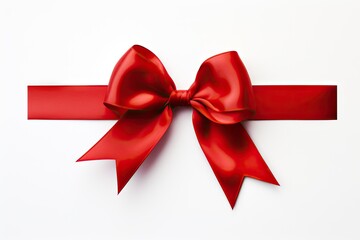 Fototapeta premium Glossy red ribbon with bow, ideal for Christmas gifts, on white backdrop 