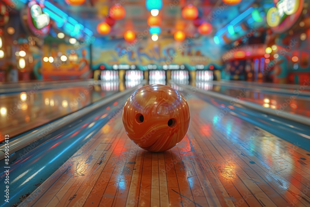 Wall mural a vivid image of a bowling ball rolling down the lane towards the pins, with a dynamic blur effect e