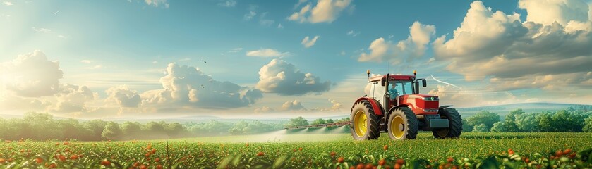 Fototapeta premium Farming tractor spraying crops in field modern agriculture healthy plants banner with copy space