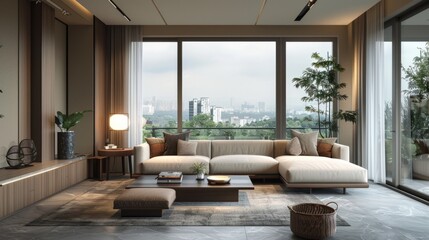 There is a large sofa, a lamp, a small table and a wooden cabinet in the living room of the villa. In the background is a large window with a view of the city outside