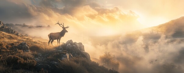 Majestic Elk Stands Tall in Misty Mountain Sunset