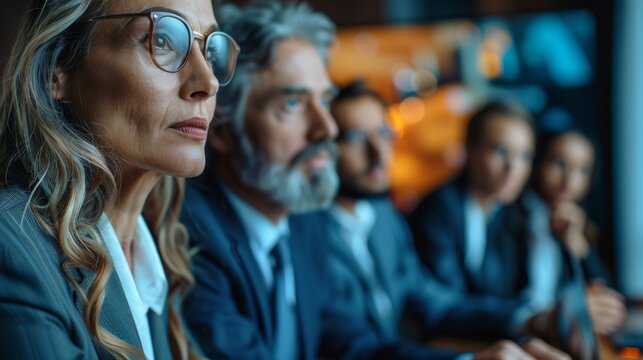 business meeting in the office, beautiful Caucasian woman in a business suit and glasses 40-50 years old surrounded by colleagues at a meeting