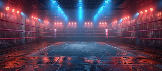The image features an empty boxing ring with atmospheric smoke and dynamic spotlights creating a dramatic and moody scene