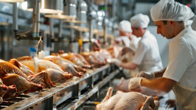 poultry farm workers process raw turkey carcasses on a conveyor belt in the workshop. Turkey meat production at a poultry farm