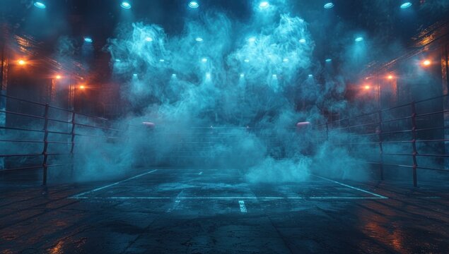 The image features an empty boxing ring with atmospheric smoke and dynamic spotlights creating a dramatic and moody scene