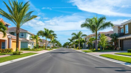 House With Palm Tree. Gated Community Houses with Palms, Garage, and Asphalt Road in South Florida