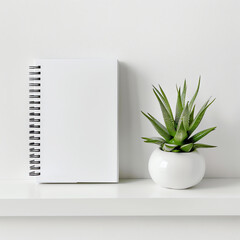 White Hardcover Notebook and Succulent on Ledge
