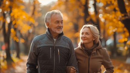 Fototapeta premium cheerful happy couple of caucasian pensioners, mature man and woman walking in park in autumn together