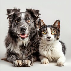 Dog and Cat Taking Photo Together Isolated on White Background