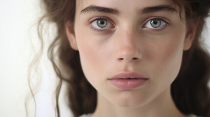 Fototapeta premium An lonely lady with brown eyes against a stark white background