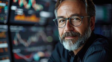 portrait of a confident smiling business man trader or financial analyst against the background of computer monitors with graphs of financial quotes