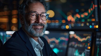 portrait of a confident smiling business man trader or financial analyst against the background of computer monitors with graphs of financial quotes