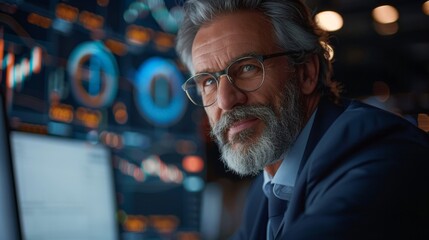 Fototapeta premium portrait of a confident smiling business man trader or financial analyst against the background of computer monitors with graphs of financial quotes