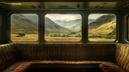 Fototapeta premium Vibrant shades of green and brown paint the landscape as the train ascends higher.
