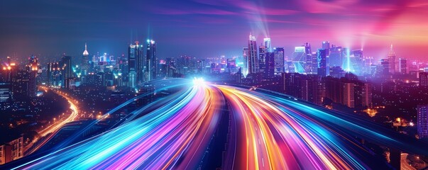 Dynamic speed light trails in a modern mega city futuristic skyscrapers neon glow tech background banner with copy space