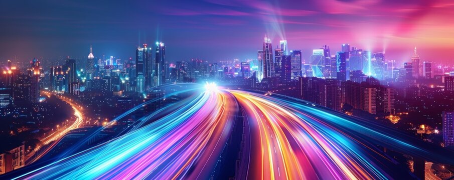 Dynamic speed light trails in a modern mega city futuristic skyscrapers neon glow tech background banner with copy space