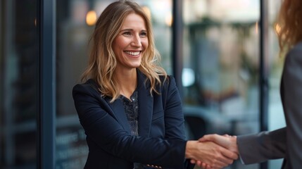 Fototapeta premium smiling caucasian woman in business suit extends hand in greeting to business partner while in office, businesswoman greeting client