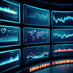 Multiple Financial Data Screens Showing Global Market Trends