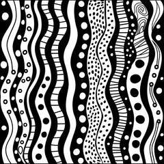 A black and white abstract pattern with lines and dots