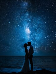 Silhouette of a couple kissing in a starry night