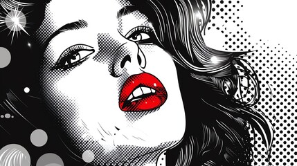 Pop art black and white illustration of a woman with red lips