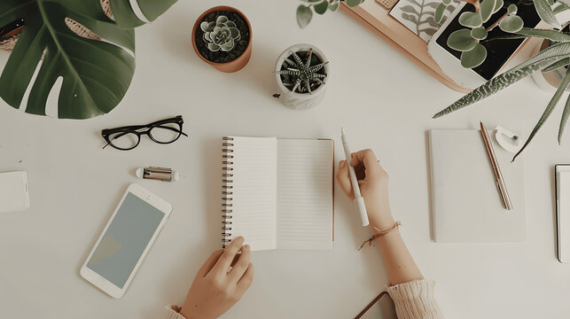 Person journaling in notebook with peaceful desk setup