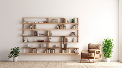 Isolated on a white background, a loft-style luxury living room with a bookcase
