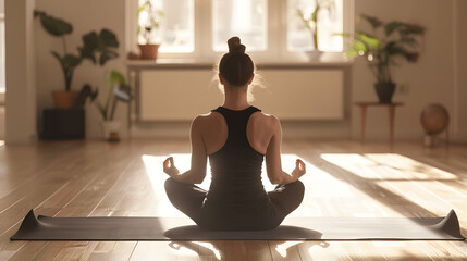 Woman practicing yoga on mat in serene room with natural light