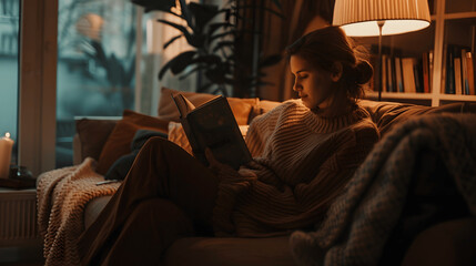 Woman relaxing with book and tea in cozy living room