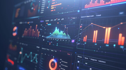 Fototapeta premium A dazzling array of digital data visualizations and graphs displayed on high-tech screens in a dimly lit environment.
