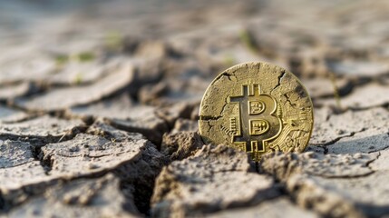 Bitcoin Coin in Dry Cracked Earth.
