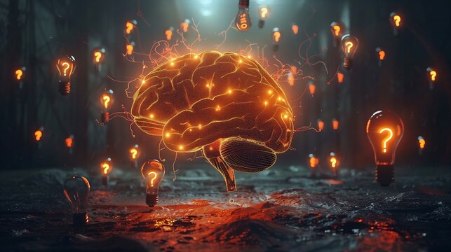 a human brain with glowing circuits and pathways, surrounded by a halo of light bulbs and question marks