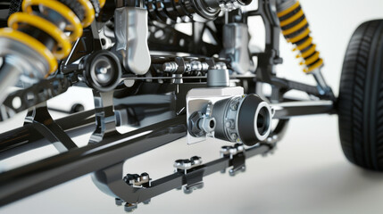 Close-up of a vehicle suspension system, showcasing intricate mechanical details and precision engineering.